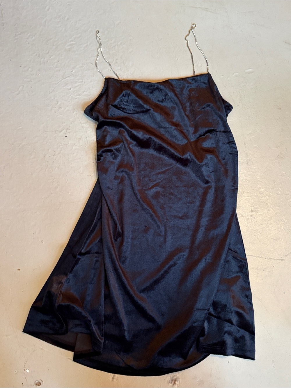 Divided Black Velvet Slip Midi Dress with Delicate Rhinestone Straps